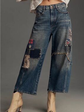 Pilcro Patchwork Wide-Leg Jeans - Denim Blue with Multicolor Patches